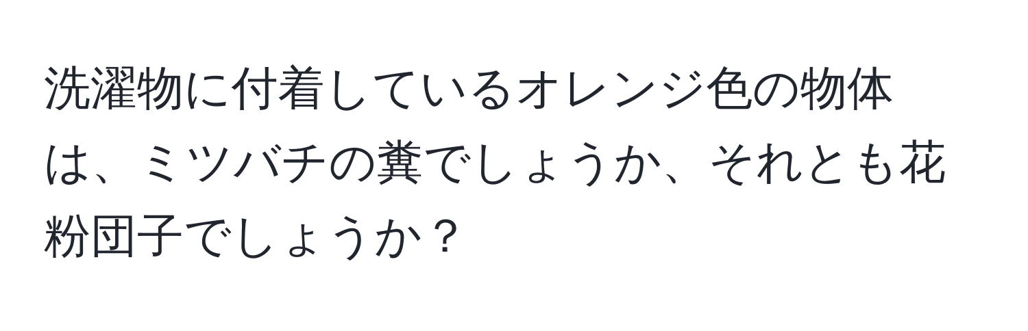 洗濯物に付着しているオレンジ色の物体は、ミツバチの糞でしょうか、それとも花粉団子でしょうか？