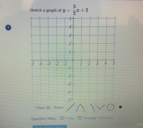 Sketch a graph of y= 3/2 x+2
1 
Clear All Draw: 
Question Help: Video Message instructor