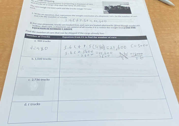 Shio Shipping 
al automobile manufacturer is preparing a shipment of cars 
and trucks on a cargo ship that can carry 21,600 tons
each he cars weigh 3.6 tons each and the trucks weigh 7.5 tons
1. Write an equation that represents the weight constraint of a shipment. Let c be the number of cars 
and r be the number of trucks. 
2. For one shipment, trucks are loaded first, and cars are loaded afterwards. (Even though trucks are 
bulkier than cars, a shipment can consist of all trucks if it is within the weight limit.) USE THE 
EQUATION IN NUMBER 1 ABOVE 
Find the