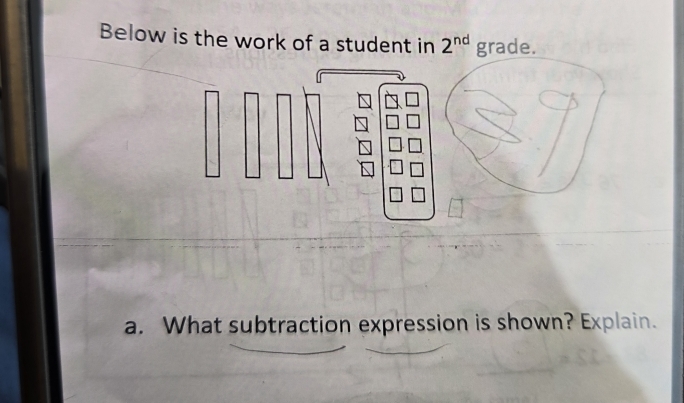 Below is the work of a student in 2^(nd) grade. 
a. What subtraction expression is shown? Explain.