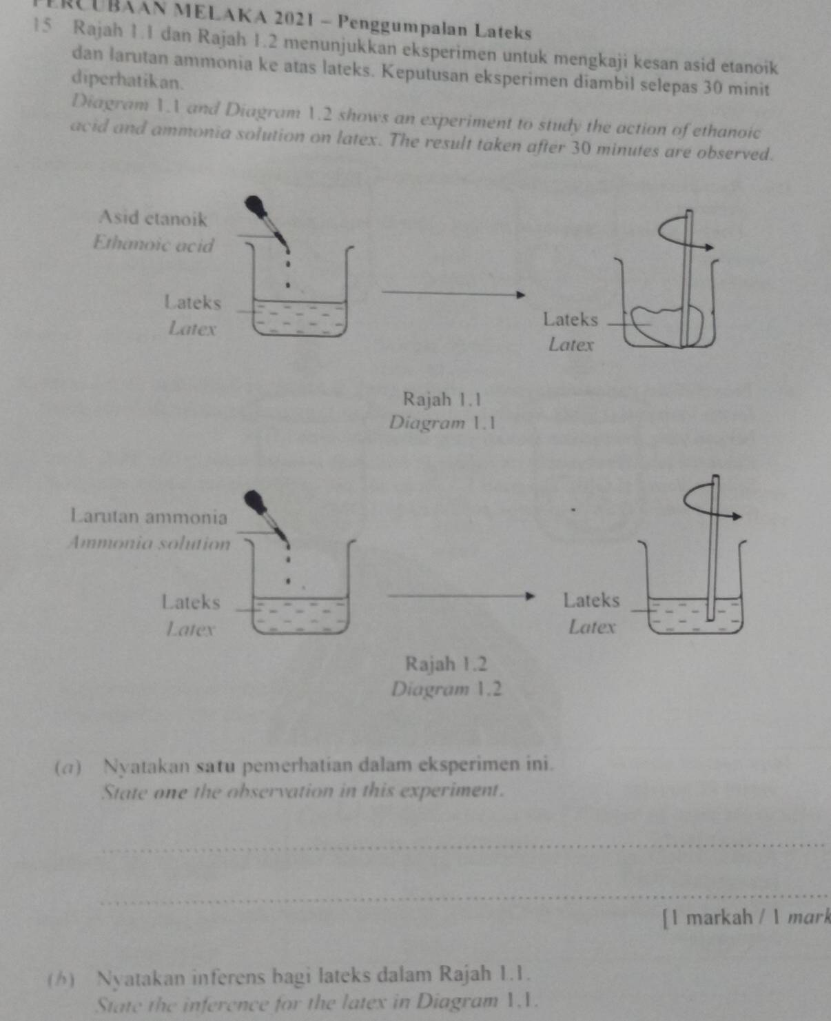 RCUBAAN MELAKA 2021 - Penggumpalan Lateks 
15 Rajah 1.1 dan Rajah 1.2 menunjukkan eksperimen untuk mengkaji kesan asid etanoik 
dan larutan ammonia ke atas lateks. Keputusan eksperimen diambil selepas 30 minit
diperhatikan. 
Diagram 1.V and Diagram 1.2 shows an experiment to study the action of ethanoic 
acid and ammonia solution on latex. The result taken after 30 minutes are observed. 
Asid etanoik 
Ethanoic acid 
Lateks 
Latex 
Lateks 
Latex 
Rajah 1.1 
Diagram 1.1 
Larutan ammonia 
Ammónia solution 
Lateks Lateks 
Latex Latex 
Rajah 1.2 
Diagram 1.2 
(π) Nyatakan satu pemerhatian dalam eksperimen ini. 
State one the observation in this experiment. 
_ 
_ 
[l markah / 1 mark 
(6) Nyatakan inferens bagi lateks dalam Rajah 1.1. 
State the inference for the latex in Diagram 1.1.