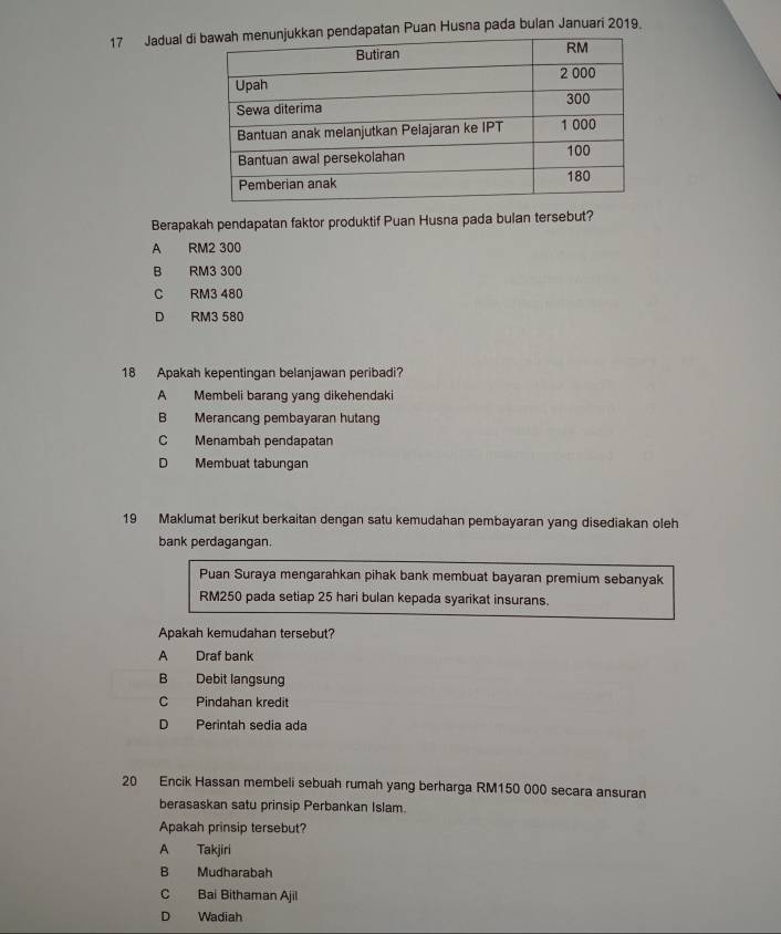 Jadual din Puan Husna pada bulan Januari 2019.
Berapakah pendapatan faktor produktif Puan Husna pada bulan tersebut?
A RM2 300
B RM3 300
C RM3 480
D RM3 580
18 Apakah kepentingan belanjawan peribadi?
A Membeli barang yang dikehendaki
B Merancang pembayaran hutang
C Menambah pendapatan
D Membuat tabungan
19 Maklumat berikut berkaitan dengan satu kemudahan pembayaran yang disediakan oleh
bank perdagangan.
Puan Suraya mengarahkan pihak bank membuat bayaran premium sebanyak
RM250 pada setiap 25 hari bulan kepada syarikat insurans.
Apakah kemudahan tersebut?
A Draf bank
B Debit langsung
C Pindahan kredit
D Perintah sedia ada
20 Encik Hassan membeli sebuah rumah yang berharga RM150 000 secara ansuran
berasaskan satu prinsip Perbankan Islam.
Apakah prinsip tersebut?
A Takjiri
B Mudharabah
C Bai Bithaman Ajil
D Wadiah