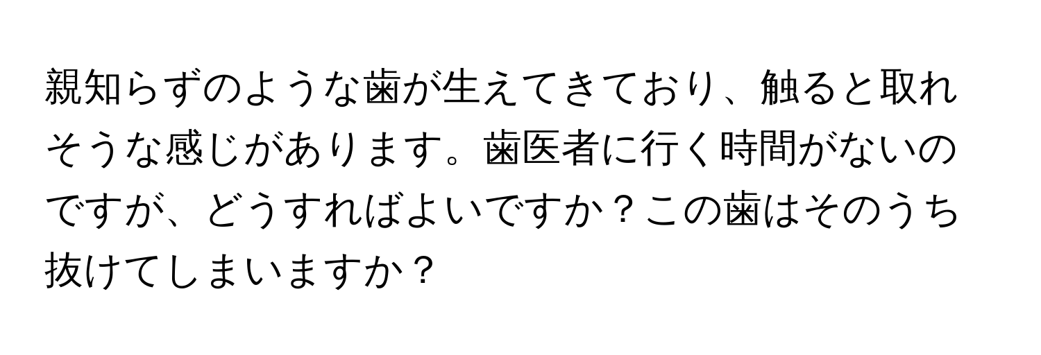 親知らずのような歯が生えてきており、触ると取れそうな感じがあります。歯医者に行く時間がないのですが、どうすればよいですか？この歯はそのうち抜けてしまいますか？