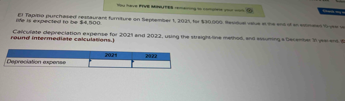 You have FIVE MINUTES remaining to complete your work 
Check my w 
El Tapitio purchased restaurant furniture on September 1, 2021, for $30,000. Residual value at the end of an estimated 10-year se 
life is expected to be $4,500. 
Calculate depreciation expense for 2021 and 2022, using the straight-line method, and assuming a December 31 year-end. (D 
round intermediate calculations.) 
2021 2022 
Depreciation expense