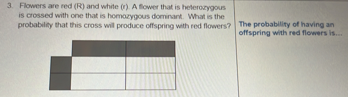 Flowers are red (R) and white (r). A flower that is heterozygous 
is crossed with one that is homozygous dominant. What is the 
probability that this cross will produce offspring with red flowers? The probability of having an 
offspring with red flowers is...