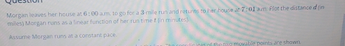 Morgan leaves her house at 6:00 a.m. to go for a 3-mile run and returns to her house at 7-611 am. Plot the distance d (in
miles) Morgan runs as a linear function of her run time & (in minutes) 
Assume Morgan runs at a constant pace 
licates of the two movable points are shown.