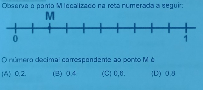 Observe o ponto M localizado na reta numerada a seguir:
número decimal correspondente ao ponto M é
(A) 0, 2. (B) 0, 4. (C) 0, 6. (D) 0, 8