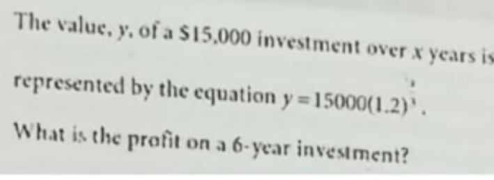 The value, y, of a $15,000 investment over x years is 
represented by the equation y=15000(1.2)^ 3/3 . 
What is the profit on a 6-year investment?