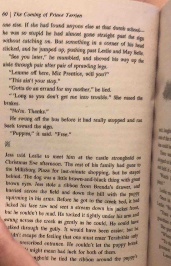 The Coming of Prince Terrien 
one else. If she had found anyone else at that dumb schoot 
he was so stupid he had almost gone straight past the sig 
without catching on. But something in a corner of his head 
clicked, and he jumped up, pushing past Leslie and May Belle. 
“See you later,” he mumbled, and shoved his way up the 
aisle through pair after pair of sprawling legs. 
“Lemme off here, Miz Prentice, will you?” 
“This ain't your stop.” 
“Gotta do an errand for my mother,” he lied. 
“’Long as you don't get me into trouble.” She eased the 
brakes. 
“No’m. Thanks.” 
He swung off the bus before it had really stopped and rans 
back toward the sign. 
stá, 'anglé 
“Puppies,” it said. “Free.” 
sis of the t 
hes could he 
Thee w 
Jess told Leslie to meet him at the castle stronghold on drpged to ? 
Christmas Eve afternoon. The rest of his family had gone to 
the Millsburg Plaza for last-minute shopping, but he stayed 
behind. The dog was a little brown-and-black thing with great 
brown eyes. Jess stole a ribbon from Brenda's drawer, and 
Lelie m 
hurried across the field and down the hill with the pupp? 
squirming in his arms. Before he got to the creek bed, it had 
Oae in 
Leile ''3 
licked his face raw and sent a stream down his jacket fromt. 
but he couldn't be mad. He tucked it tightly under his arm and Thes 
swung across the creek as gently as he could. He could have 
pardes 
alked through the gully. It would have been easier, but he She pu 
'dn't escape the feeling that one must enter Terabithia only Whet 
''To 
orescribed entrance. He couldn't let the puppy break 
yeatenk 
** might mean bad luck for both of them. 
nghold he tied the ribbon around the puppy's 
Late