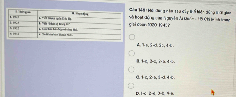 Nội dung nào sau đây thể hiện đúng thời gian
à hoạt động của Nguyễn Ái Quốc - Hồ Chí Minh trong
ai đoạn 1920-1945?
A. 1 -a, 2 -d, 3c, 4 -b.
B. 1 -d, 2 -c, 3 -a, 4 -b.
C. 1 -c, 2 -a, 3 -d, 4 -b.
D. 1 -c, 2 -d, 3 -b, 4 -a.