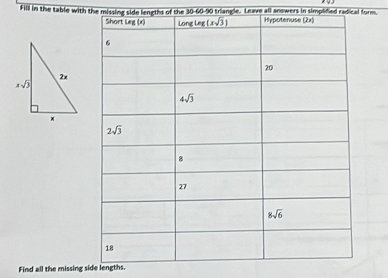 Fill in the table with the missing side lengths of the 30-60-90 triangle. Leave all anowers in simplified radical form.
Find all the missing side lengths.