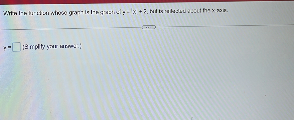 Write the function whose graph is the graph of y=|x|+2 , but is reflected about the x-axis.
y=□ (Simplify your answer.)