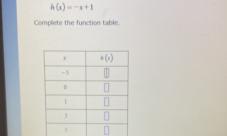 h(x)=-x+1
Complete the function table.