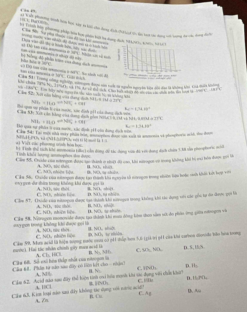 Cău 49;
a) Viết phương trình hóa học xây ra khi chơ dựng dịch (NH);CO: lần tượt tác dụng với lợng dự các dung dịch 
b) Trình bảy phương pháp hòa học phân biệt ba dụng HCl; Ba(OH)₂
Cầu 50: Sự phụ thuộc của độ tan khi ammonia 
trong tước vào nhiệt độ được mô tả ở hình bên
Dựa vào đồ thị ở hình bên, hãy xác đình:
a) Độ tan của ammona ở 30°C Nhận xét về tính
tan của ammonia ở nhiệt độ này
b) Nồng độ phần trăm của dung dịch ammonia
bão hòa ở 30°C.
c) Dộ tan của ammonia ở 60°C So sánh với độ 
tan của amonia o 30°C Giải thích
Câu 51: Trong công nghiệp, nitrogen được sản xuất từ nguồn nguyên liệu dổi đào là không khí Giả thiết không
khi chửa 78% N_2,21% O_2 và Tê Ar về thể tích: Cho biết nhiệt đồ sới của các chất trên lần hượt là -196°C,-183°C
va-186°C Em bãy nêu nguyên tắc sản xuất Na từ không khi
Cầu 52: Xét cần bằng của dụng dịch NHý 0 1M ở 25°C
NH_3+ILOleftharpoons NH_4^(++OH
Kc=1.74.10^-3)
Bỏ qua sự phân lĩ của nước, xác định pố I của dung dịch trên.
Cầu 53: Xet cần bằng của dung dịch gồm NHCL 0,IM và NH 0,05M ở 25°C
NIL+ILOleftharpoons NH_4^(++OH
K_C)=1.74.10^(-5)
Bộ qua sự phần lí của nước, xắc dịnh pH của dung dịch trên.
Cầu 54: Tại một nhà máy phần bón, ammophos được sản xuất từ ammonia và phesphoric acid, thu được
NH_4H_2PO_4 và (NHa)₃HPO4 với tỉ lệ mol là 1:1
a) Viết các phương trình hóa học.
b) Tính thể tích khí ammonia (đkc) cần dùng đề tác dụng vừa đủ với dụng dịch chứa 5,88 tấn phosphoric acid
Tính khối lượng ammophos thu được
Cầu 55. Oxide của nitrogen được tạo thành ở nhiệt độ cao, khi nitrogen có trong không khỉ bị oxỉ hỏa được gọi là
A. NO tức thời B. NO、 nhiệt.
C. NO, nhiên liệu. D. NO tự nhiên,
Câu 56. Oxide của nitrogen được tạo thành khi nguyên tổ nitrogen trong nhiên liệu hoặc sinh khối kết hợp với
oxygen dư thừa trong không khí được gọi là
A. NO, tức thời B. NO、nhiệt.
C. NO、nhiên liệu. D. NO, tự nhiên.
Câu 57. Oxide của nitrogen được tạo thành khi nitrogen trong không khí tác dụng với các gốc tự do được gọi là
A. NO、 tức thời. B. NO, nhiệt
C. NO nhiên liệu D. NO, tự nhiên.
Câu 58. Nitrogen monoxide được tạo thành khi mưa dông kêm theo sảm sét do phản ứng giữa nitrogen và
oxygen trong không khí được gọi là
A. NO, tức thời. B. NO nhiệt
C. NO nhiên liệu D. NO, tự nhiên.
Cầu 59. Mưa acid là hiện tượng nước mưa có pH thấp hơn 5,6 (giả trị pH của khí carbon dioxide bão hòa trong
nước). Hai tác nhân chính gây mưa acid là
A. Cl. HCl B. N_2 、 NH C. SO_2,NO_1. D. S, H₂S.
Cầu 60. Số oxi hóa thấp nhất của nitrogen là
Cầu 61. Phần tử nào sau dây có liền kết cho - nhận?
A. NH₃ B. N C. HNO₃. D. H_2.
Câu 62. Acid nào sau đây thể hiện tính oxỉ hóa mạnh khi tác dụng với chất khử?
A. HCL B. HNO₃. C. HBr D. H_3PO_4.
D. Au
Câu 63. Kim loại nào sau dây không tác dụng với nitric acid?
A. Zn. B. Cu.
C. Ag