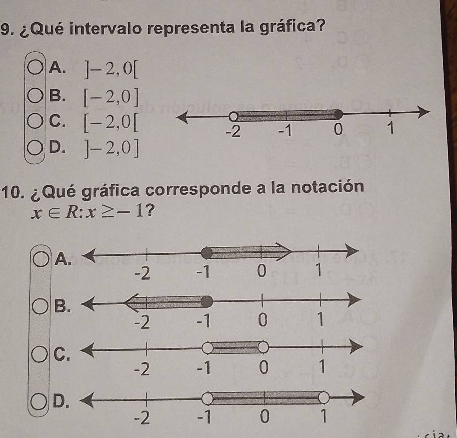 ¿Qué intervalo representa la gráfica?
A. ]-2,0[
B. [-2,0]
C. [-2,0[
D. ]-2,0]
10. ¿Qué gráfica corresponde a la notación
x∈ R:x≥ -1 ?
A.
D.