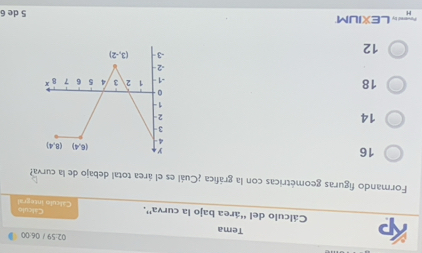 02:59 / 06:00
Tema
hp Cálculo del “área bajo la curva''. Cálculo integral
Cálculo
Formando figuras geométricas con la gráfica ¿Cuál es el área total debajo de la curva?
16
14
18
12
LEXIUM
5 de 6