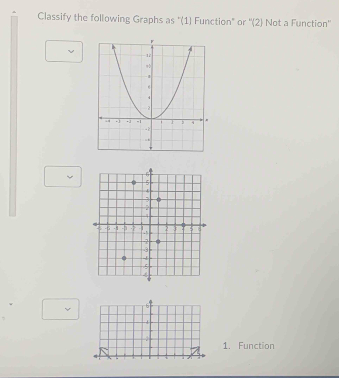 Classify the following Graphs as ''(1) Function'' or ''(2) Not a Function''
6
4
2 
1. Function 
n 
d