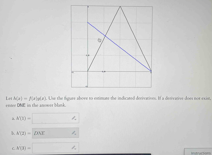 Let h(x)=f(x)g(x). Use the figure above to estimate the indicated derivatives. If a derivative does not exist,
enter DNE in the answer blank.
a. h'(1)=□
b. h'(2)=DNE
C. h'(3)=□
Instructions