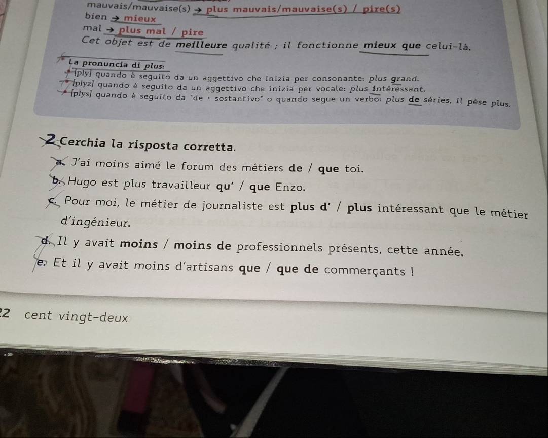 mauvais/mauvaise(s) → plus mauvais/mauvaise(s) / pire(s)
bien mieux
mal → plus mal / pire
Cet objet est de meilleure qualité ; il fonctionne mieux que celui-là.
La pronuncia di plus:
* [ply] quando è seguito da un aggettivo che inizia per consonante: plus grand.
(plyz) quando è seguito da un aggettivo che inizia per vocale: plus intéressant.
* (plys) quando è seguito da "de + sostantivo" o quando segue un verbo: plus de séries, il pèse plus.
2 Cerchia la risposta corretta.
a. J'ai moins aimé le forum des métiers de / que toi.
b. Hugo est plus travailleur qu' / que Enzo.. Pour moi, le métier de journaliste est plus d' / plus intéressant que le métier
d'ingénieur.
d. Il y avait moins / moins de professionnels présents, cette année.
e. Et il y avait moins d'artisans que / que de commerçants !
2 cent vingt-deux