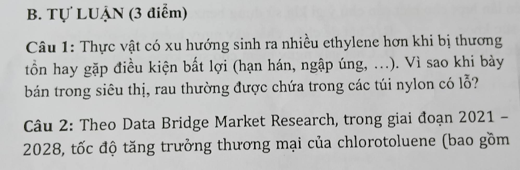 Tự LUẠN (3 điểm) 
Câu 1: Thực vật có xu hướng sinh ra nhiều ethylene hơn khi bị thương 
tồn hay gặp điều kiện bất lợi (hạn hán, ngập úng, ...). Vì sao khi bày 
bán trong siêu thị, rau thường được chứa trong các túi nylon có lỗ? 
Câu 2: Theo Data Bridge Market Research, trong giai đoạn 、 2021- 
2028, tốc độ tăng trưởng thương mại của chlorotoluene (bao gồm
