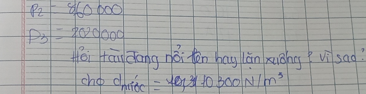 P_2=860000
P_3=2020000
Hēi tān āng nói tēn hag lán xuōng ?vì sao? 
cho chiioc = yen 10300N/m^3