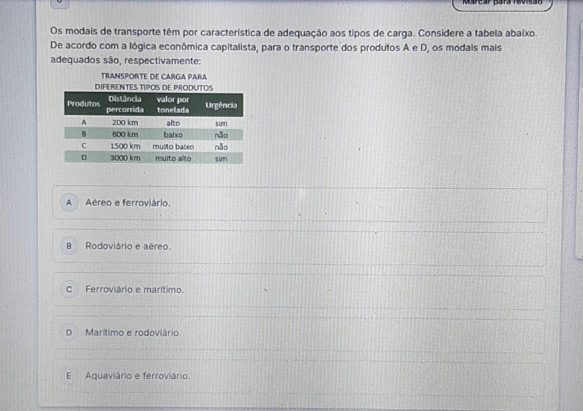 Marcar para revisão
Os modals de transporte têm por característica de adequação aos tipos de carga. Considere a tabela abaixo.
De acordo com a lógica econômica capitalista, para o transporte dos produtos A e D, os modais mais
adequados são, respectivamente:
TRANSPORTE DE CARGA PARA
DIFERENTES TIPOS DE PRODUOS
A Aéreo e ferroviário.
B Rodoviário e aéreo.
C Ferroviário e marítimo.
D Marítimo e rodoviário
E Aquaviário e ferroviário.