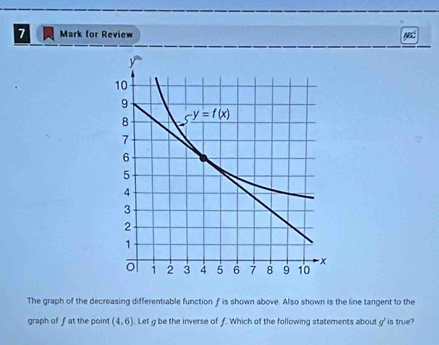 for Review
The graph of the decreasing differentiable function f is shown above. Also shown is the line tangent to the
graph of fat the point (4,6) Let g be the inverse of f. Which of the following statements about g is true?