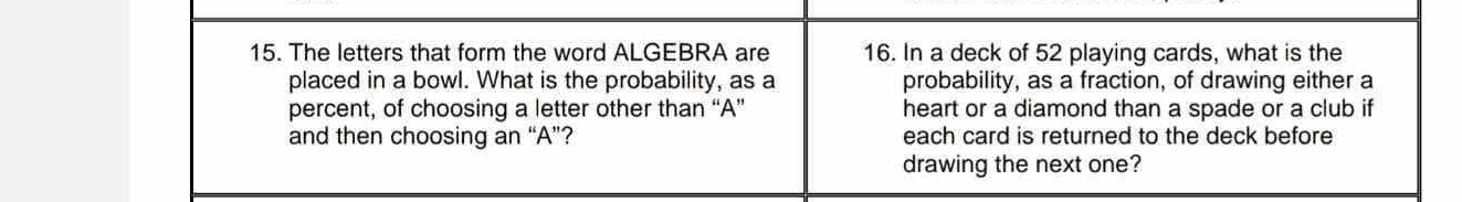 The letters that form the word ALGEBRA are 16. In a deck of 52 playing cards, what is the 
placed in a bowl. What is the probability, as a probability, as a fraction, of drawing either a 
percent, of choosing a letter other than “A” heart or a diamond than a spade or a club if 
and then choosing an “A”? each card is returned to the deck before 
drawing the next one?