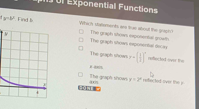 ps of Exponential Functions
y=b^x. Find b. Which statements are true about the graph?
The graph shows exponential growth.
The graph shows exponential decay.
The graph shows y=( 1/2 )^x reflected over the
x-axis.
The graph shows
axis. y=2^x reflected over the y -
DONE