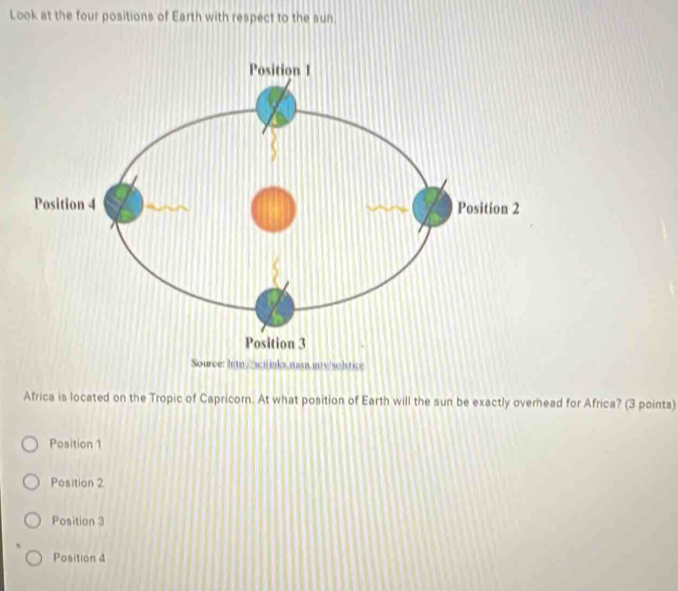 Look at the four positions of Earth with respect to the sun.
Africa is located on the Tropic of Capricorn. At what position of Earth will the sun be exactly overhead for Africa? (3 points)
Position 1
Position 2
Position 3
Position4