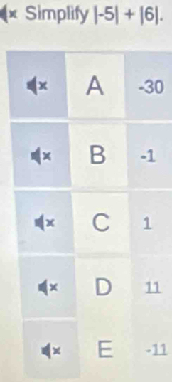 Simplify |-5|+|6|.
0
1
1
11