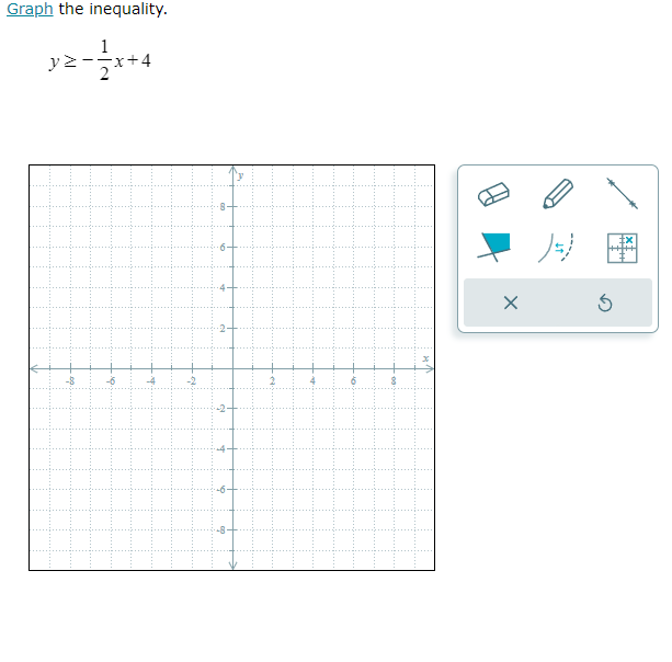 Graph the inequality.
y≥ - 1/2 x+4
× S