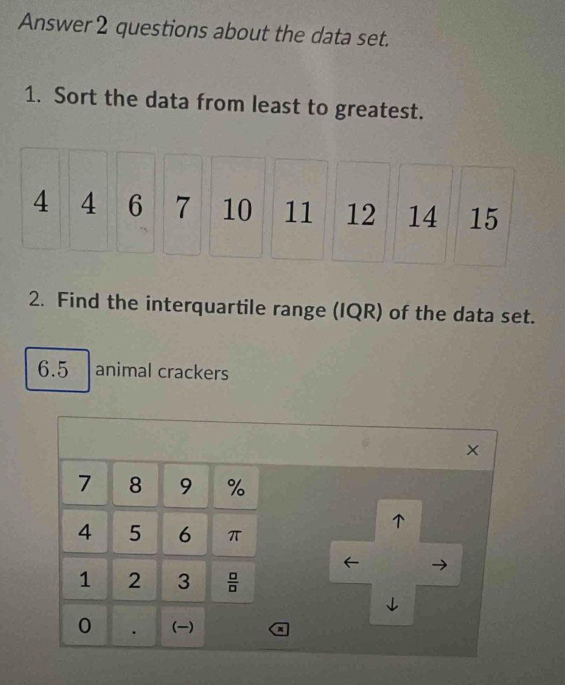 Answer 2 questions about the data set. 
1. Sort the data from least to greatest.
4 4 6 7 10 11 12 14 15
2. Find the interquartile range (IQR) of the data set.
6.5 animal crackers 
×
7 8 9 %
4 5 6 π
1 2 3  □ /□  
0 . () 
a