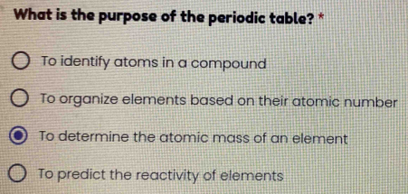 What is the purpose of the periodic table? *
To identify atoms in a compound
To organize elements based on their atomic number
To determine the atomic mass of an element
To predict the reactivity of elements