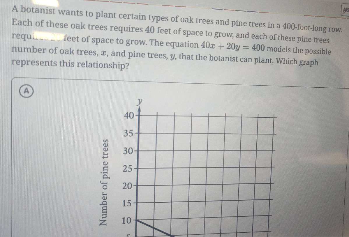 AP
A botanist wants to plant certain types of oak trees and pine trees in a 400-foot -long row.
Each of these oak trees requires 40 feet of space to grow, and each of these pine trees
requires d s feet of space to grow. The equation 40x+20y=400 models the possible
number of oak trees, x, and pine trees, y, that the botanist can plant. Which graph
represents this relationship?
a
5