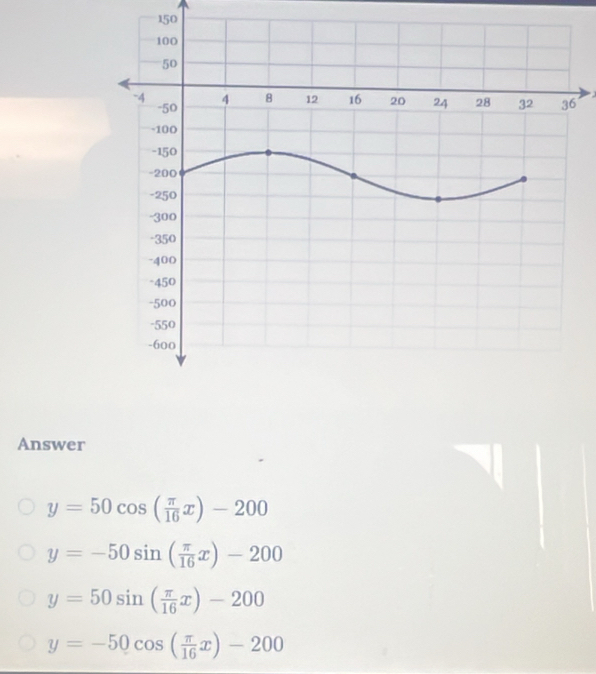 150
6
Answer
y=50cos ( π /16 x)-200
y=-50sin ( π /16 x)-200
y=50sin ( π /16 x)-200
y=-50cos ( π /16 x)-200