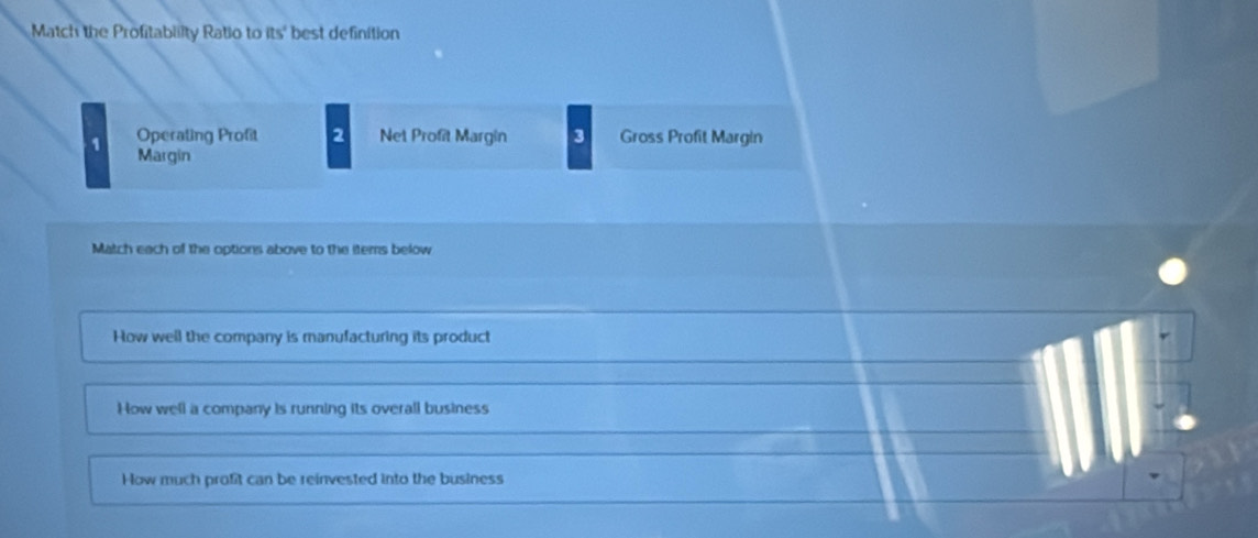 Match the Profitabiiity Ratio to its^2 best definition 
Operating Profit 2 Net Proft Margin 3 Gross Profit Margin 
1 Margin 
Match each of the options above to the items below 
How well the company is manufacturing its product 
How well a company is running its overall business 
How much profit can be reinvested into the business