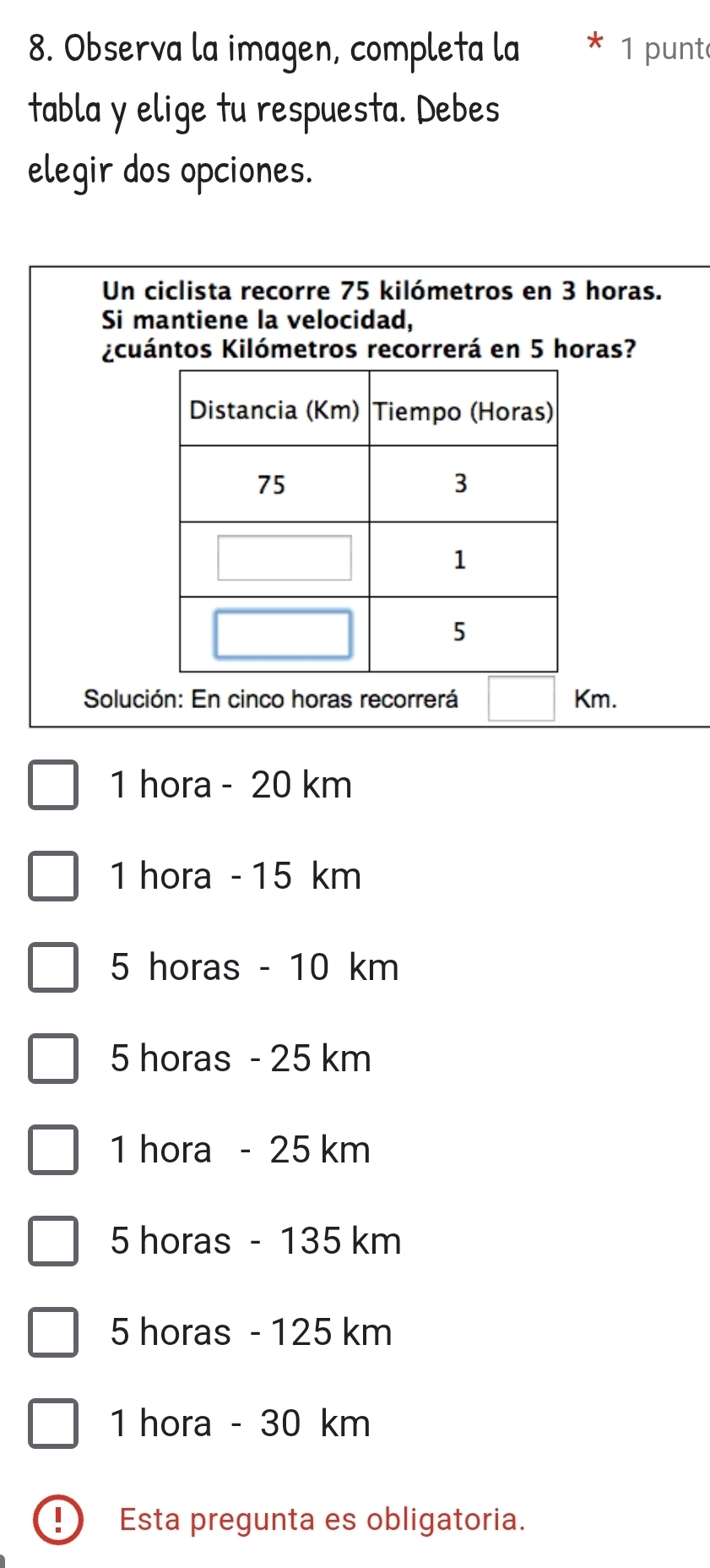 Observa la imagen, completa la 1 punt
tabla y elige tu respuesta. Debes
elegir dos opciones.
Un ciclista recorre 75 kilómetros en 3 horas.
Si mantiene la velocidad,
¿cuántos Kilómetros recorrerá en 5 horas?
Solución: En cinco horas recorrerá Km.
1 hora - 20 km
1 hora - 15 km
5 horas - 10 km
5 horas - 25 km
1 hora - 25 km
5 horas - 135 km
5 horas - 125 km
1 hora - 30 km
Esta pregunta es obligatoria.