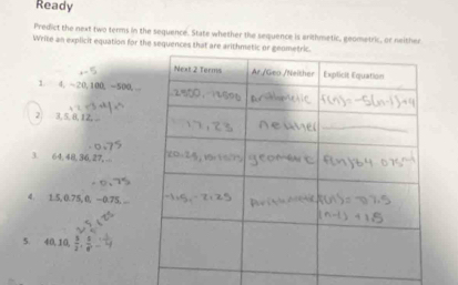 Ready 
Predict the next two terms in the sequence. State whether the sequence is anthmetic, geometric, or neither 
Write an explicit equation for the sequences that are arithmetic or 
1 4, ~20, 100, −500, 
2 3, 5. 8, 12, 
3. 64, 48, 36, 27, . 
4. 1.5, 0.75, 0. −0.75. . 
5. 40, 10,  5/2 ,  5/8 