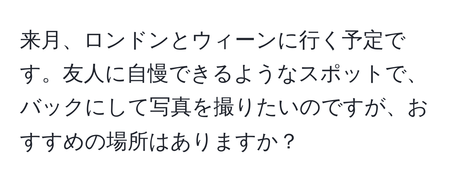 来月、ロンドンとウィーンに行く予定です。友人に自慢できるようなスポットで、バックにして写真を撮りたいのですが、おすすめの場所はありますか？