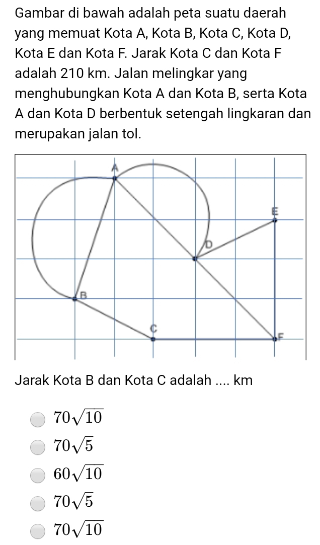 Gambar di bawah adalah peta suatu daerah
yang memuat Kota A, Kota B, Kota C, Kota D,
Kota E dan Kota F. Jarak Kota C dan Kota F
adalah 210 km. Jalan melingkar yang
menghubungkan Kota A dan Kota B, serta Kota
A dan Kota D berbentuk setengah lingkaran dan
merupakan jalan tol.
Jarak Kota B dan Kota C adalah .... km
70sqrt(10)
70sqrt(5)
60sqrt(10)
70sqrt(5)
70sqrt(10)