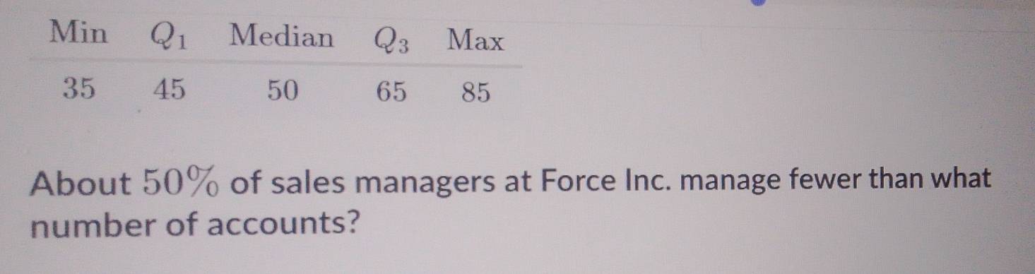 About 50% of sales managers at Force Inc. manage fewer than what
number of accounts?