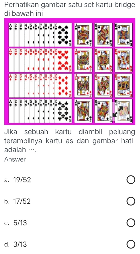 Perhatikan gambar satu set kartu bridge
di bawah ini
Jika sebuah kartu diambil peluang
terambilnya kartu as dan gambar hati
adalah ….
Answer
a. 19/52
b. 17/52
c. 5/13
d. 3/13