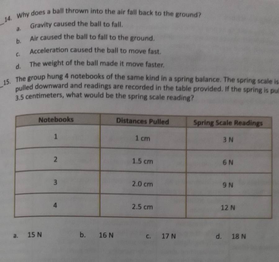 Why does a ball thrown into the air fall back to the ground?
_
a. Gravity caused the ball to fall.
b. Air caused the ball to fall to the ground.
c. Acceleration caused the ball to move fast.
d. The weight of the ball made it move faster.
_
15. The group hung 4 notebooks of the same kind in a spring balance. The spring scale is
pulled downward and readings are recorded in the table provided. If the spring is pu
3.5 centimeters, what would be the spring scale reading?
a. 15 N b. 16 N C. 17 N d. 18 N