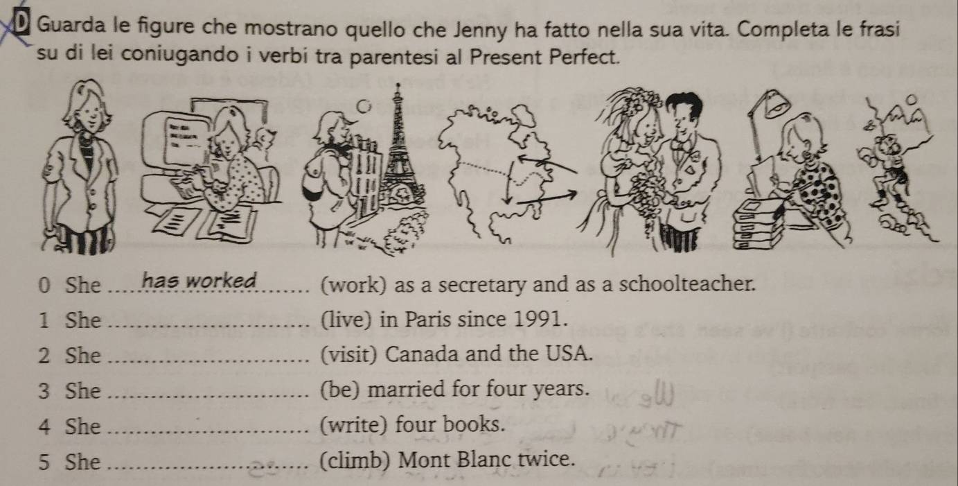 Guarda le figure che mostrano quello che Jenny ha fatto nella sua vita. Completa le frasi 
su di lei coniugando i verbi tra parentesi al Present Perfect. 
0 She _has worked _(work) as a secretary and as a schoolteacher. 
1 She _(live) in Paris since 1991. 
2 She _(visit) Canada and the USA. 
3 She _(be) married for four years. 
4 She _(write) four books. 
5 She _(climb) Mont Blanc twice.