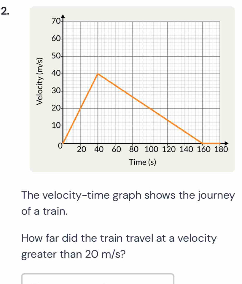 Time (s) 
The velocity-time graph shows the journey 
of a train. 
How far did the train travel at a velocity 
greater than 20 m/s?