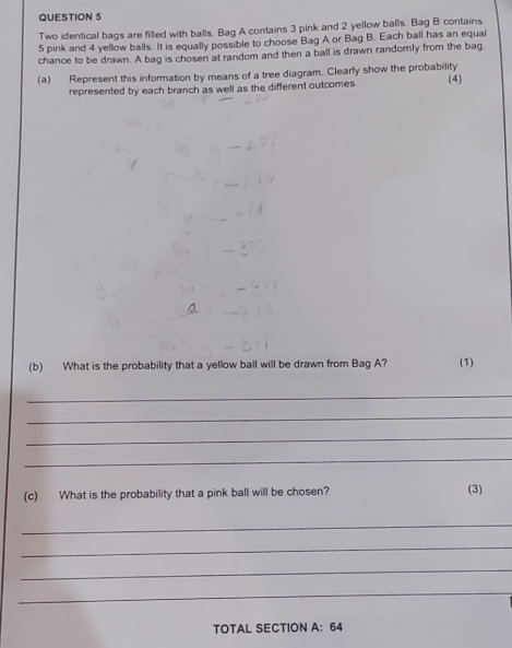 Two identical bags are filled with balls. Bag A contains 3 pink and 2 yellow balls. Bag B contains
5 pink and 4 yellow balls. It is equally possible to choose Bag A or Bag B. Each ball has an equal 
chance to be drawn. A bag is chosen at random and then a ball is drawn randomly from the bag. 
(a) Represent this information by means of a tree diagram. Clearly show the probability 
represented by each branch as well as the different outcomes. (4) 
(b) What is the probability that a yellow ball will be drawn from Bag A? (1) 
_ 
_ 
_ 
_ 
(c) What is the probability that a pink ball will be chosen? (3) 
_ 
_ 
_ 
_ 
TOTAL SECTION A: 64