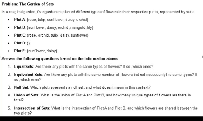 Problem: The Garden of Sets 
In a magical garden, five gardeners planted different types of flowers in their respective plots, represented by sets: 
Plot A: rose, tulip , sunflower, daisy, orchid 
PlotB: sunflower, daisy, orchid , marigold, lily 
Plot C: ro se, orchid , tulip , d aisy, sunflower 
Plot D:  
Plot E: sunflower, daisy 
Answer the following questions based on the information above: 
1. Equal Sets: Are there any plots with the same types of flowers? If so, which ones? 
2. Equivalent Sets: Are there any plots with the same number of flowers but not necessarily the same types? If 
so , which ones? 
3. Null Set Which plot represents a null set, and what does it mean in this context? 
4. Union of Sets: What is the union of Plot A and Plot B, and how many unique types of flowers are there in 
total? 
5. Intersection of Sets: What is the intersection of Plot Aand Plot B, and which flowers are shared between the 
two plots?