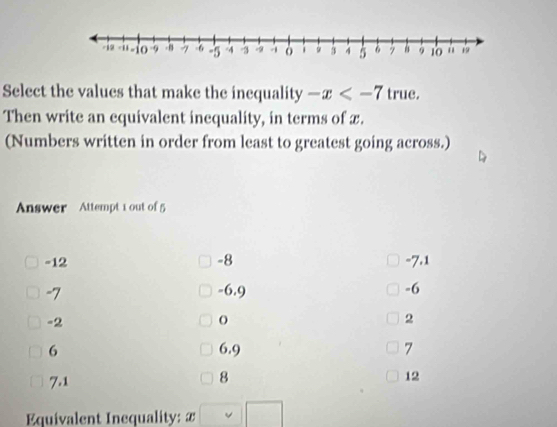 Select the values that make the inequality -x true.
Then write an equivalent inequality, in terms of x.
(Numbers written in order from least to greatest going across.)
Answer Attempt 1 out of 5
-12 -8 -7.1
-7 -6.9 -6
-2
o
2
6 6.9 7
7.1
8
12
Equivalent Inequality: £ □ 