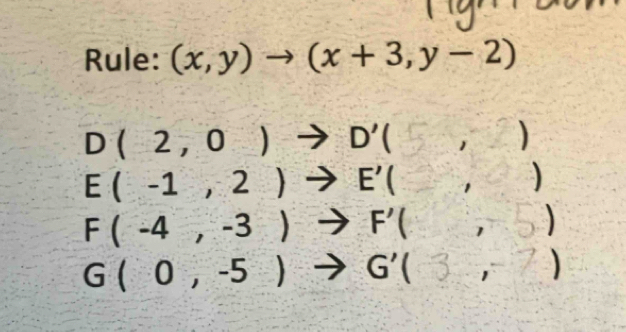 Rule: (x,y)to (x+3,y-2)
D(-2,0)to D'(□ ,□ )
E(-1,2)to E'(,)
F(-4,-3)to F'(,,-5)
G(0,-5)to G'(3,-2)